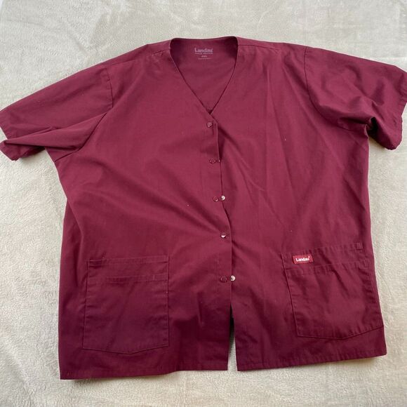 Landau Unisex Scrub Top 4XL Burgundy Button-Front With Pockets - Picture 1 of 9
